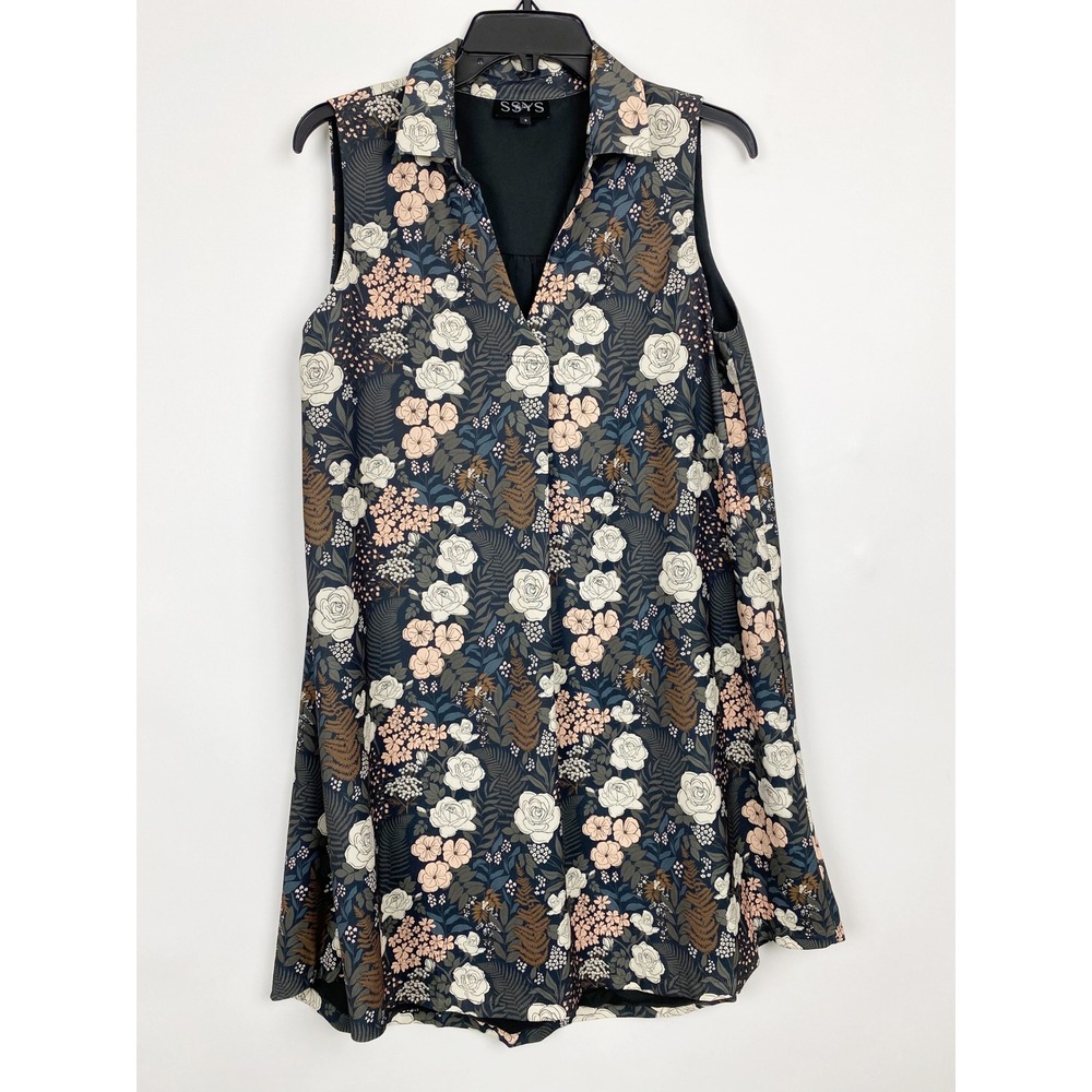 SSYS The Label Floral Sleeveless V-Neck Shift Mini Dress Women S Black Multi